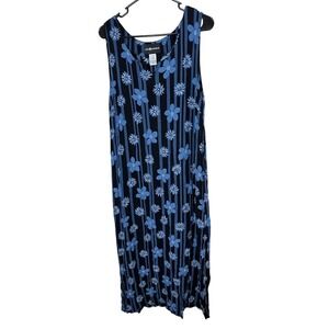 Vintage Sag Harbor Sleeveless Maxi Dress Blue Floral Stripe Womens Large
